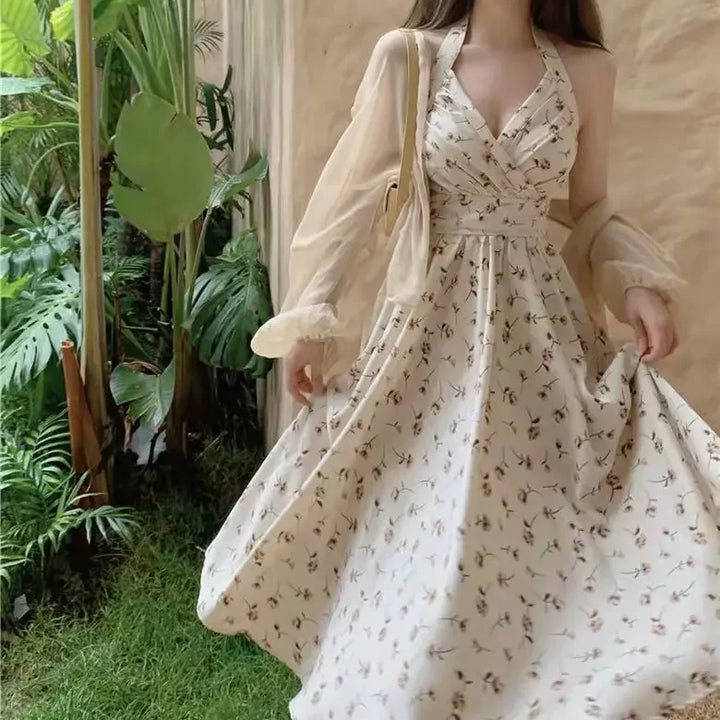 New Gentle Wind Fragmented Flower V-Neck Sling Dress Set Waist Wrap Neck Hanging Long Dress Thin Protection Cardigan