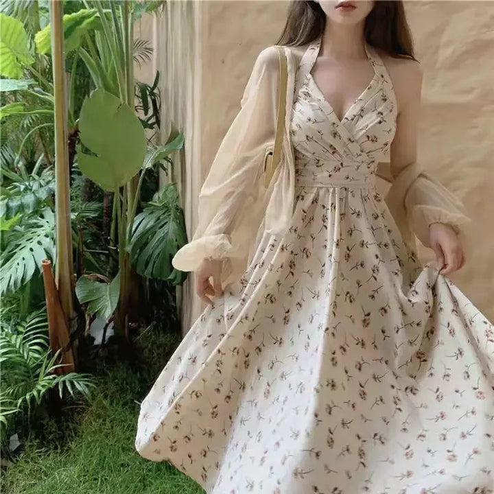 New Gentle Wind Fragmented Flower V-Neck Sling Dress Set Waist Wrap Neck Hanging Long Dress with Thin Cardigan