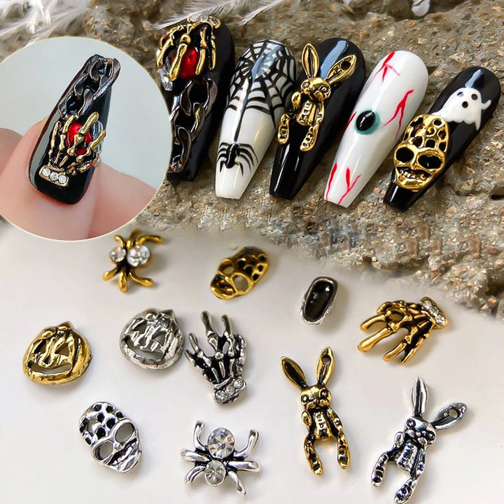 Halloween Alloy Nail Art Charms 3D Ghost Skull Pumpkin Golden Silver Classic Nails Jewelry Ornaments DIY Manicure Accessories