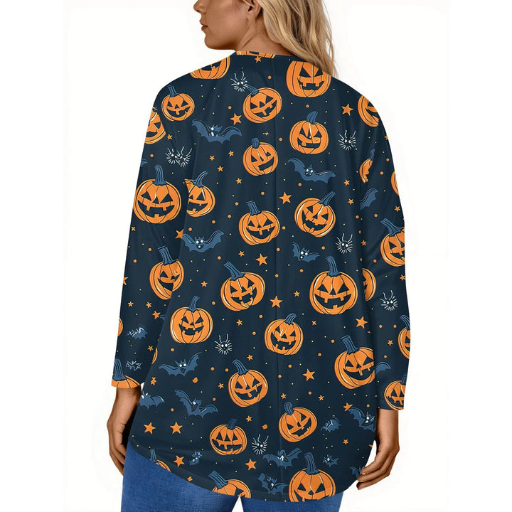Plus Size Halloween Print T-Shirt for Women Fashion Round Neck Long Sleeve Casual Loose Pullover Top Halloween Party Costumes