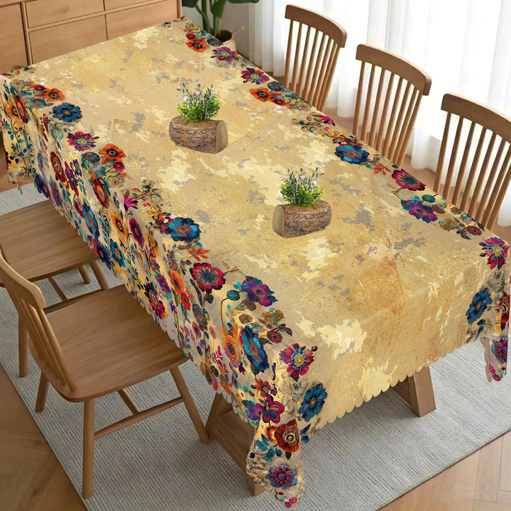 Retro Bohemian Mandala Style Tablecloth + 4Pcs Self-Adhesive, Retro Creative Mandala Style Floral Pattern Tablecloth, Kitchen Accessories, Edge Embossing Process, 5 Sizes Optional, Rectangular Polyester Tablecloth, Round Colo