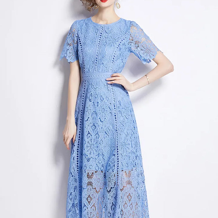 JAMERARY Vintage Holiday Lace Hollow Out Prom Dress For Women's Slim Elegant Short Sleeve Long Dress Female Clothing