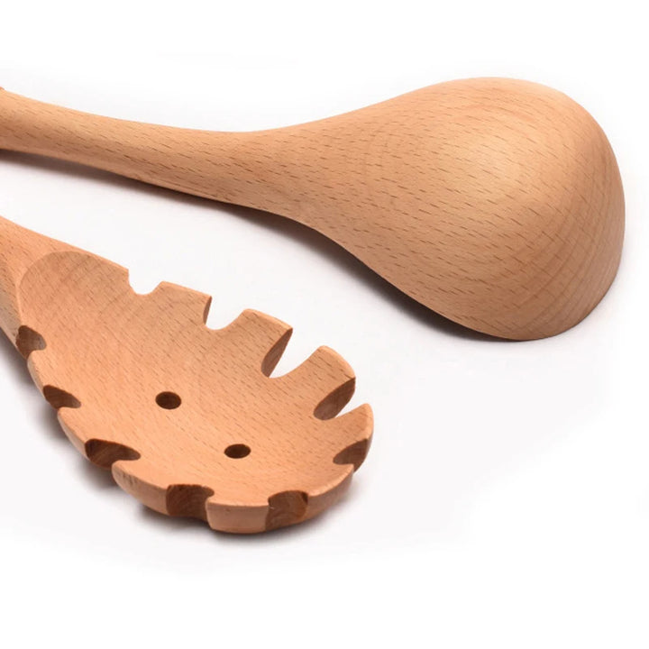 7pcs Wood Kitchen Utensils Set with Bamboo Joint Design Nature Wooden Spaghetti Spoons Wok Spatula for Cooking Accessories