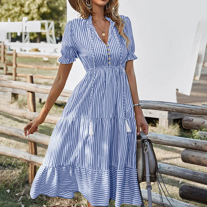 Women Elegant Striped Lantern Sleeve  Causal V-neck Button Ruffles Midi Dress.
