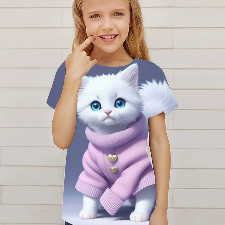T-Shirt for Girls Cute Kitten Girls Clothes Kids T-Shirt Summer Short Sleeve Children Outdoor Sports Tops T-Shirt for Girls