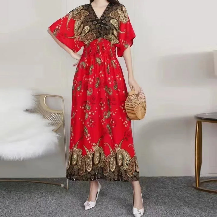 V-neck Large Skirt Hem Casual Sweet Long Dress Bat Sleeves Elastic Waist Bohemian Print Floral Elegant .