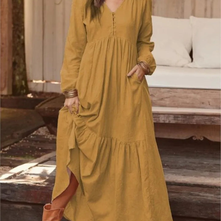 Cotton Linen Women Long Dress.New Look Fashion V-Neck Casual Solid Long Sleeve A-Line Sexy  Elegant Ruffles