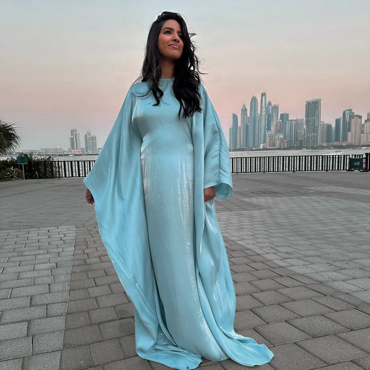 Tossy Autumn Loose Shiny Maxi Dress Butterfly Batwing Long Sleeve Muslim Clothes Party Solid Female Long Dress New