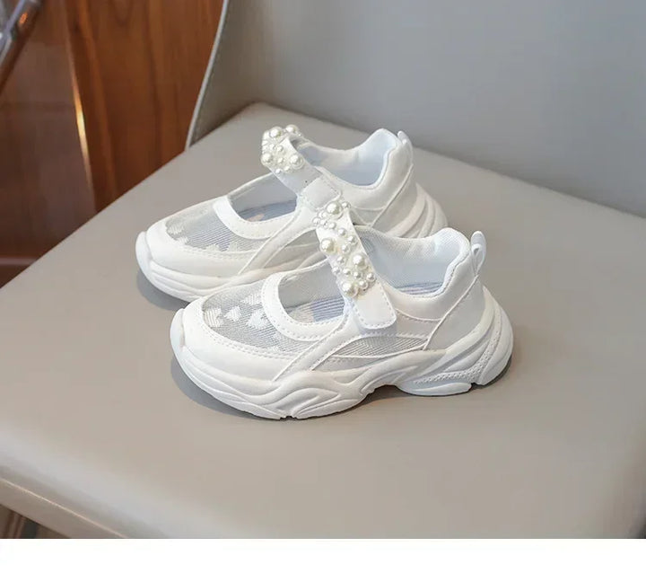 Children's Sneakers New Mesh Sports Shoes Spring Autumn Girls Fashion Shallow Breathable Pearl Tennis Kids Causal Flats