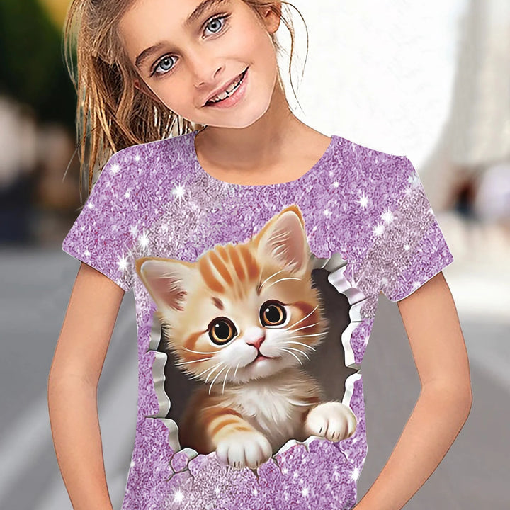 T-Shirt for Girls Cute Kitten Girls Clothes Kids T-Shirt Summer Short Sleeve Children Outdoor Sports Tops T-Shirt for Girls