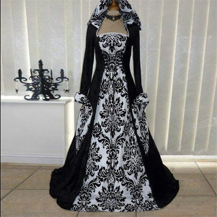 Halloween Hooded Dress Medieval Vintage Goth Stage Party Dress With Flared Sleeves Cosplay Costume Women Long Gown Dresses