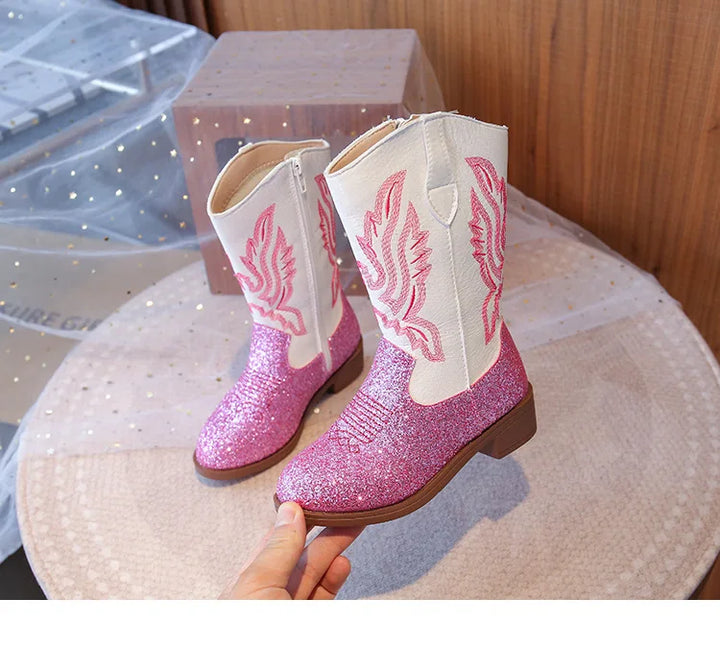 Girls Boots Toddler Snow Gear Mid Calf Glitter Western Cowboy Boot 2025 Autumn Big Kid Riding Girls Botas Size 27-36 Kids Shoes