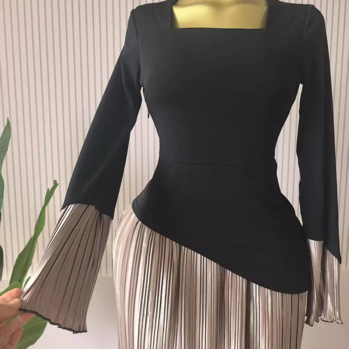 Women Patchwork Flare Long Sleeve U-collar Pleated Big Swing Maxi Long Dress perfect for special occasions.