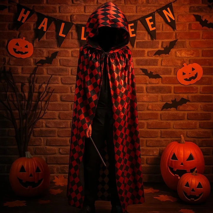Casual Bloodstain Halloween Costume Cosplay Props Funny Party Halloween Death Cloak with Cap Dark Plaid Spider Web Cape Adults
