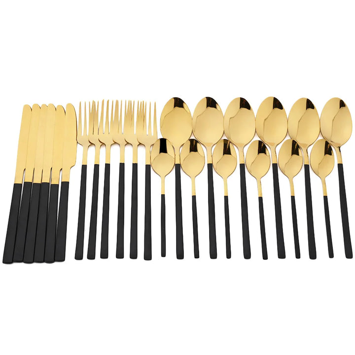 24Pcs Black Dinnerware Set Knife Fork Coffee Spoon Cutlery Set Stainless Steel Flatware Western Kitchen Silverware Tableware