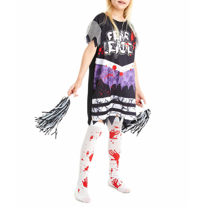 Kids Girls Halloween Party Horror Zombie Cosplay Costume Cheerleading Dance Outfits Bloody Dress with Stockings Flower Balls