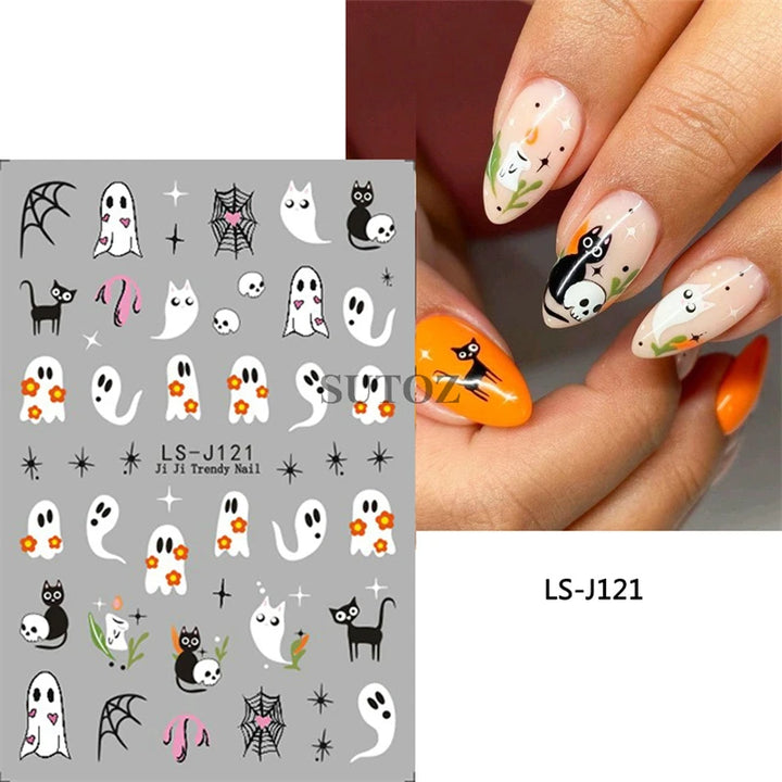 Halloween Nail Art Stickers Pumpkin Skull Cartoon Sticker For Women and Girls Press On Nails Decals Holloween Nail Art Supplies