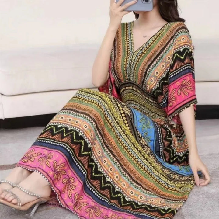 V-neck Large Skirt Hem Casual Sweet Long Dress Bat Sleeves Elastic Waist Bohemian Print Floral Elegant .
