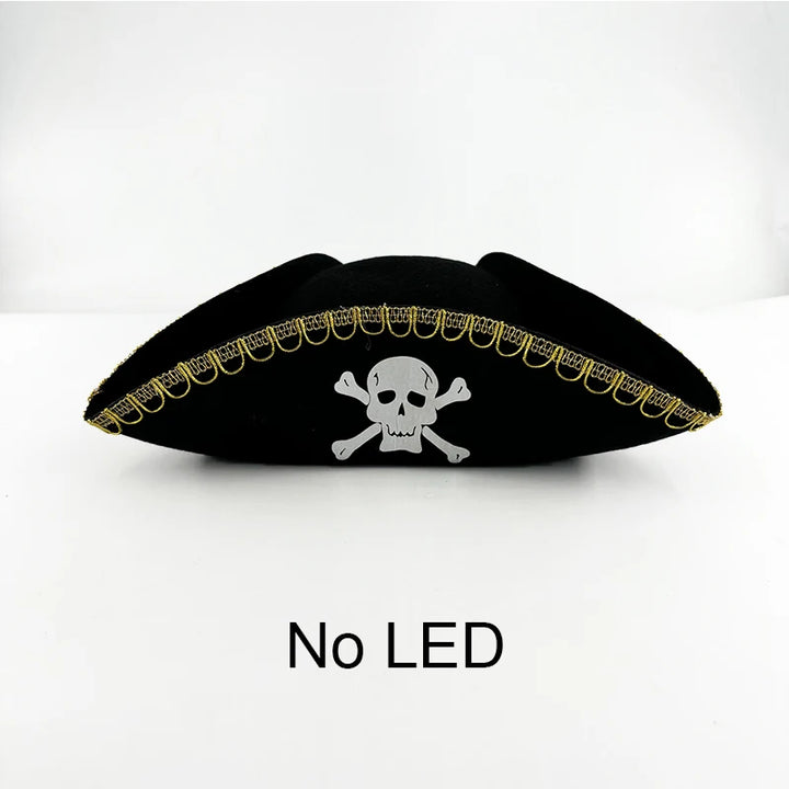 Halloween LED Light Black Pirate Hat For Adult Pirate Theme Party Glowing Cap Cosplay Costume Luminous Hat With Skull Pattern