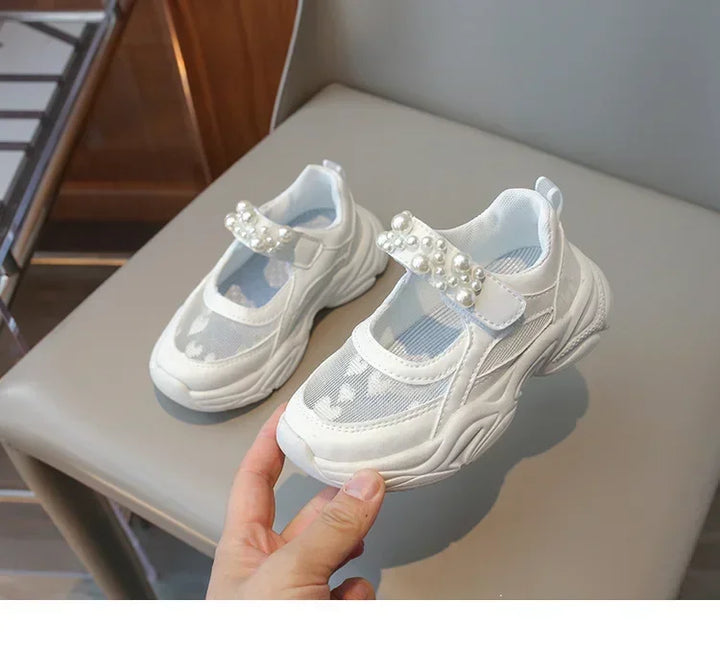 Children's Sneakers New Mesh Sports Shoes Spring Autumn Girls Fashion Shallow Breathable Pearl Tennis Kids Causal Flats