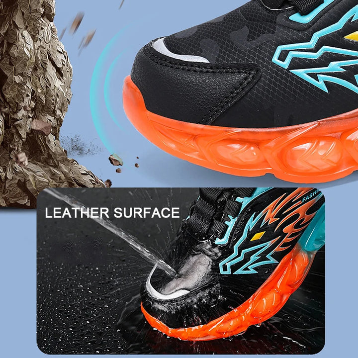 Kids Sneakers Anti-skid Leather for Boys Running Walking Lightweight Orange Casual Children Shoes With Fashion Dragon Pattern