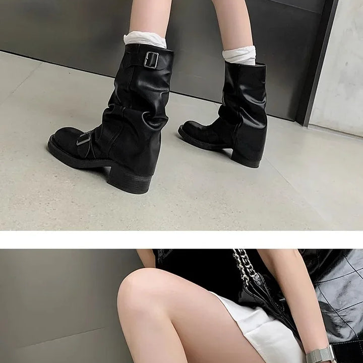 Pleated Buckle Knight Boots for Women Autumn Brown PU Leather Mid Calf Boots Woman Slip-On Thick Heel Riding Botas Mujer 2024