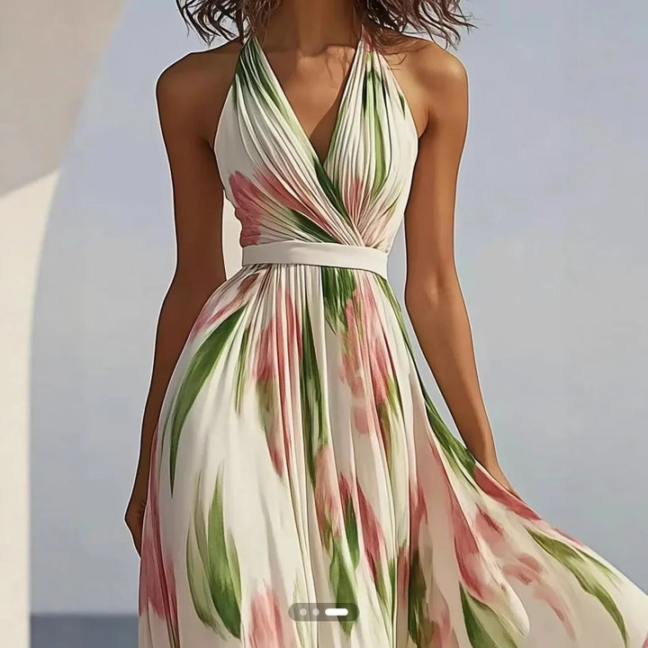 Summer Women's V-neck Fashionable Printed  Style Long Suspender Dress Elegant Long Dress