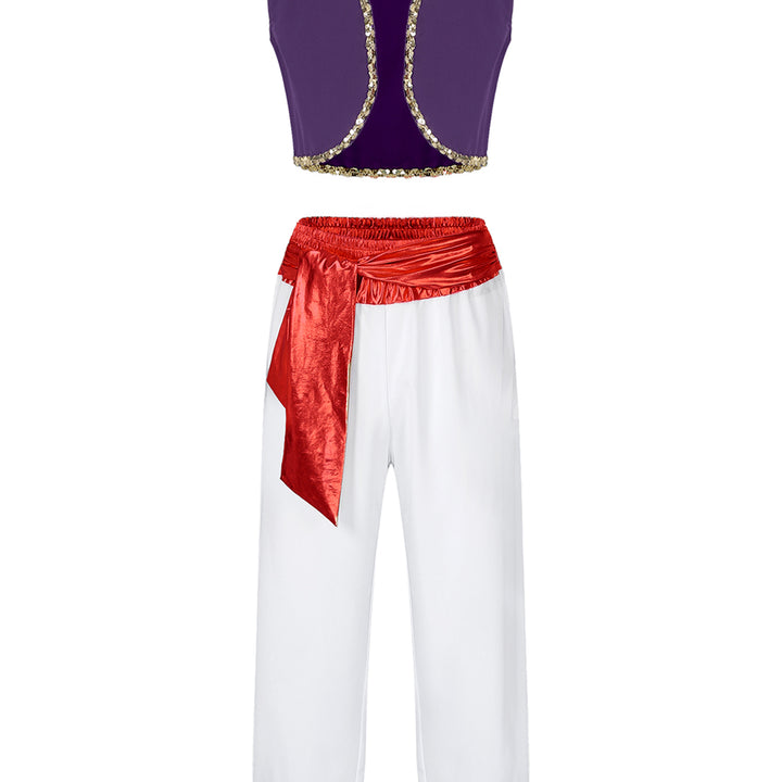 Mens Halloween Costume Mythical Arabian Prince Carnival Cosplay Party Outfit Sequin Trim Waistcoat with Belted Pants