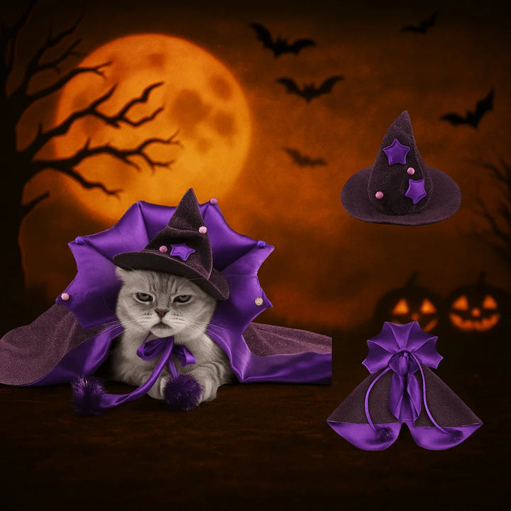 Funny Star Pet Witch Cloak Cloth Soft Halloween Pet Cloak Purple Witch Hat Dog Witch Costume Halloween Atmosphere