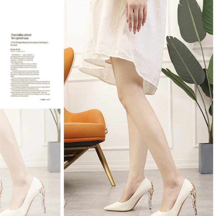 Light Luxury Sexy Women Dress Shoes 2025 Autumn Metal Flower Fashion High Heel Wedding White Pointed Sequins Shiny Female Pumps