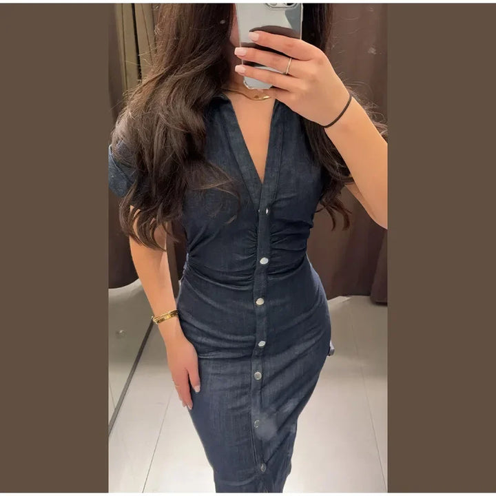 V-neck Denim Dress Fashion Slim Long Dress Chic Short Sleeves Single Button High.