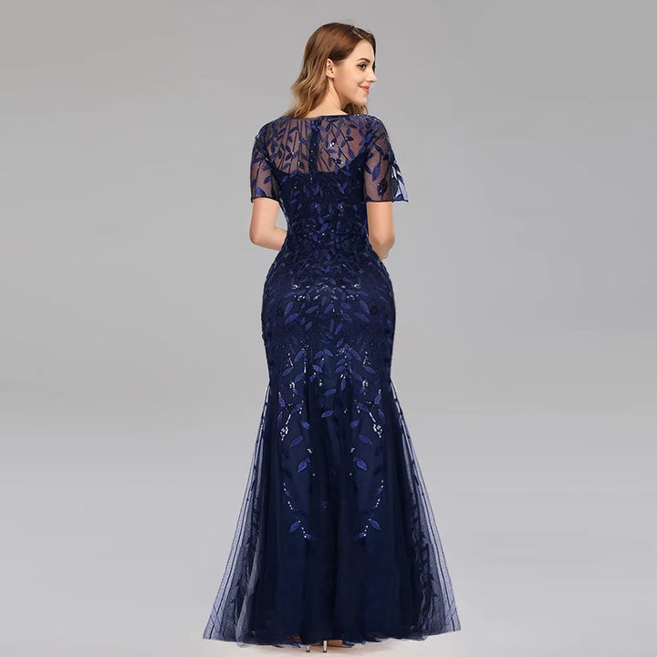Gorgeous Round Neck Short Sleeves Sequined Mermaid Evening Dress