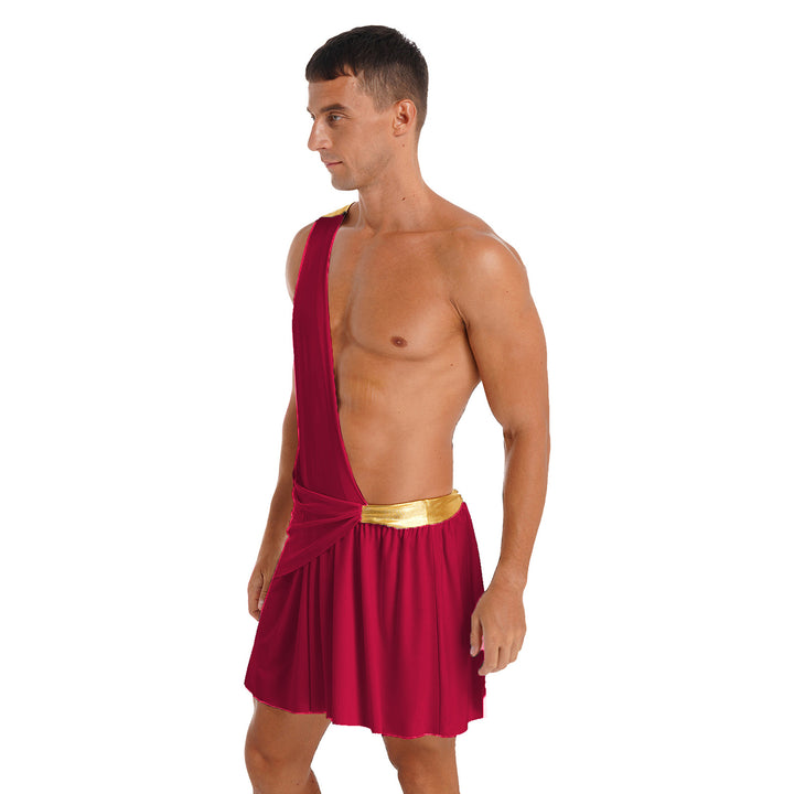 Halloween Ancient Greek Warrior Cosplay Costume Mens One Shoulder Strap Contrast Color Ruffle Skirt Carnival Theme Party Wear
