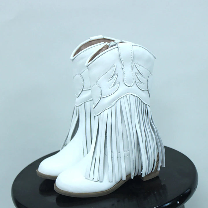 Kids Vintage Western Cowgirls Boots Leather Tassel Princess Low Heeled Knee Boots Cowboys Winter Dress Shoes New Years Christmas
