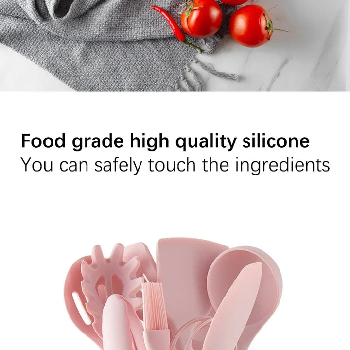 Pink Cooking Kitchenware Tool Silicone Utensils With Wooden Multifunction Handle Non-Stick Spatula Ladle Egg Beaters Shovel