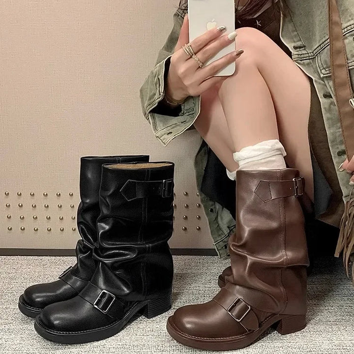 Pleated Buckle Knight Boots for Women Autumn Brown PU Leather Mid Calf Boots Woman Slip-On Thick Heel Riding Botas Mujer 2024