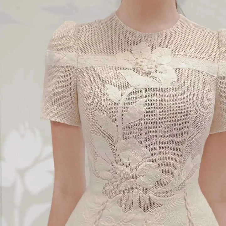 Elegant Long Dress Fairy Style Embroidered Flower Waist O Neck Short Sleeve Fashion Dress