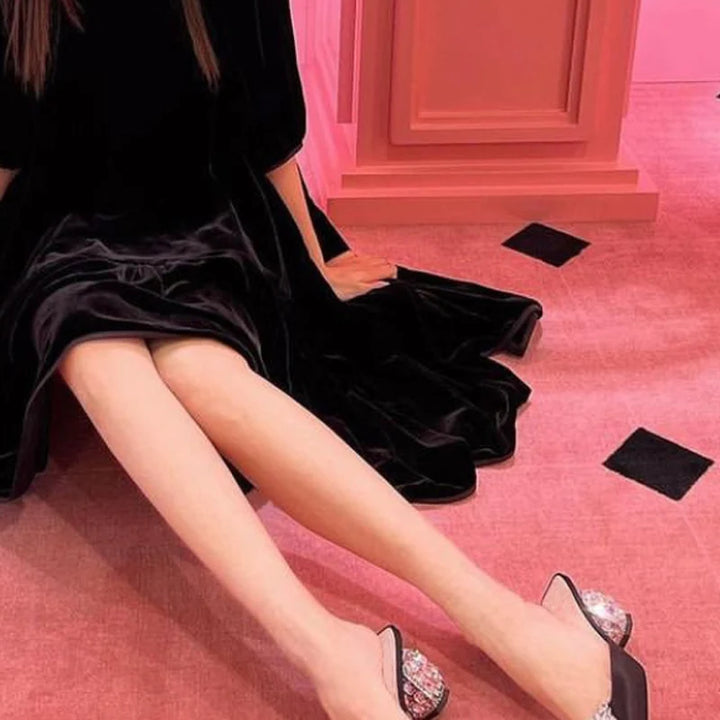 New Rhinestone Pumps Women Square Toe Slip-on Mules Female Crystal High Heels Women Dress Shoes Women sandalias de las mujeres