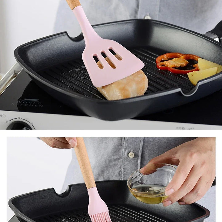 Pink Cooking Kitchenware Tool Silicone Utensils With Wooden Multifunction Handle Non-Stick Spatula Ladle Egg Beaters Shovel