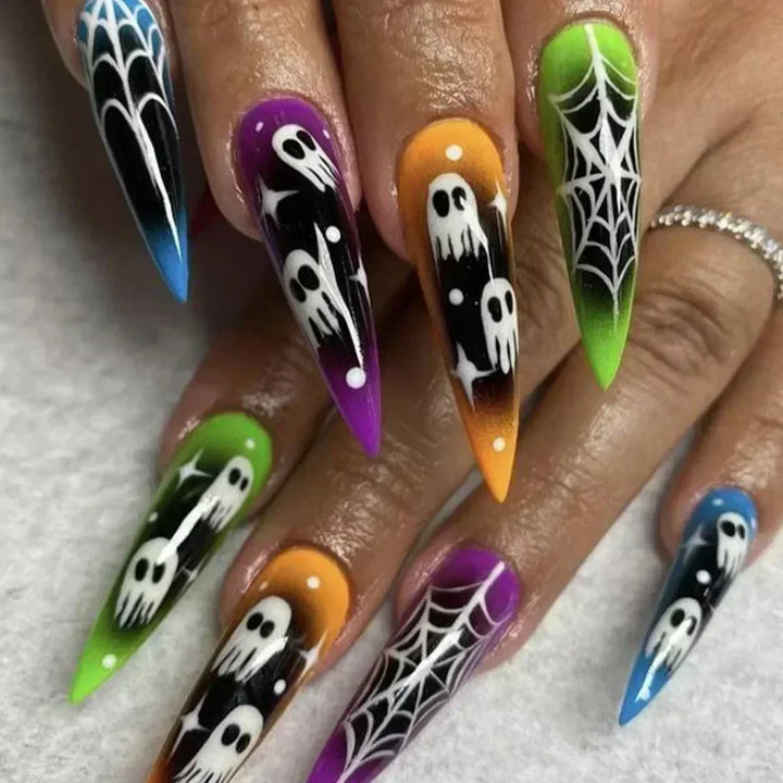 24Pc Halloween False Nails with Almond Head Designs Cute Clown Fake Nails French Full Cover Manicure Press on Nail Tips for Girl