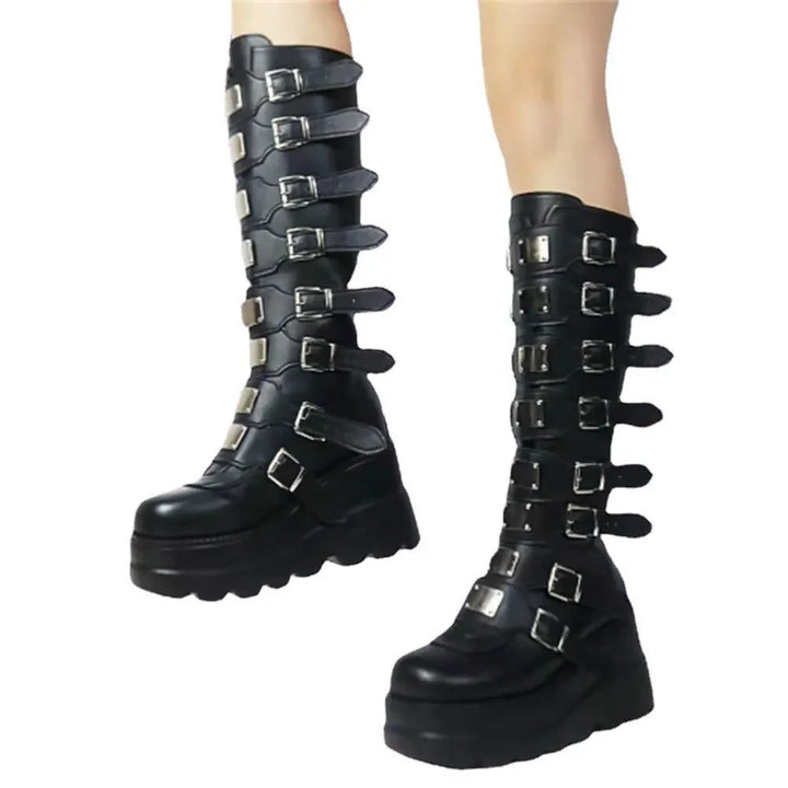 Gothic Shoes Platform Knee High Punk Black Sexy Motorcycles 2023 New Halloween Cosplay 2024 Shoes for Women Zapatos De Mujer