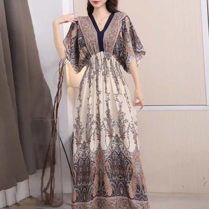 V-neck Large Skirt Hem Casual Sweet Long Dress Bat Sleeves Elastic Waist Bohemian Print Floral Elegant .