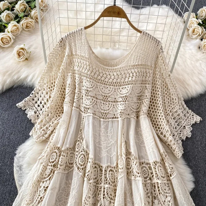 OCEANLOVE Hook Hollow Out  Dress Spring Summer Beach Style Knitted  Fashion Elegant Loose Long Dress