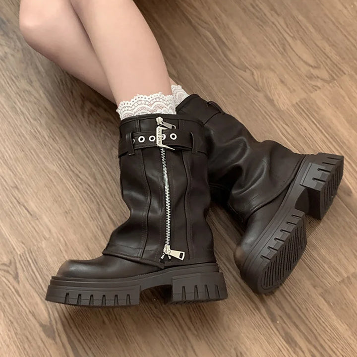 Winter Women Biker Boots Fashion Belt Buckle Ladies Elegant Platform Flats Short Booties Casual Women's Knight Booties