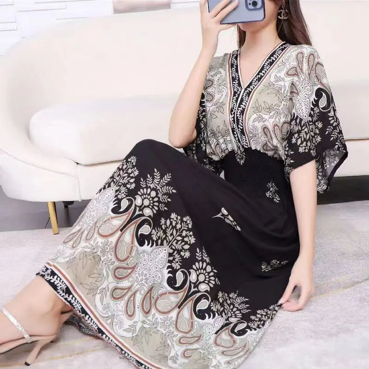 V-neck Large Skirt Hem Casual Sweet Long Dress Bat Sleeves Elastic Waist Bohemian Print Floral Elegant .