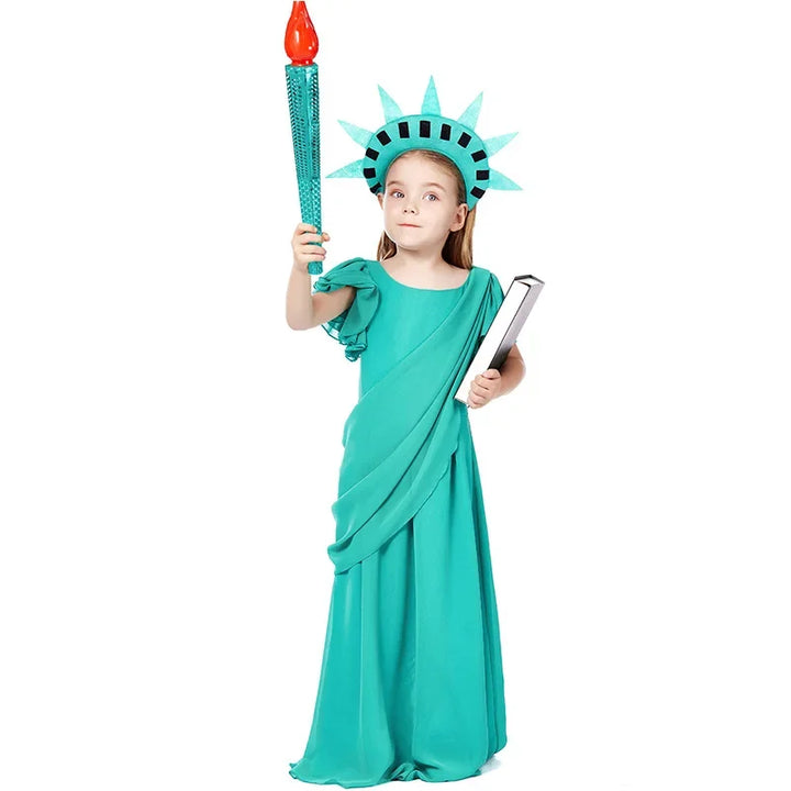 Halloween Carnival Costume Adult and Kids Girls Green Chiffon Party Dress World Statue of Liberty Cosplay Greek Goddess Costume