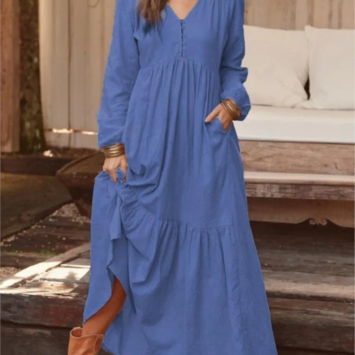 Cotton Linen Women Long Dress.New Look Fashion V-Neck Casual Solid Long Sleeve A-Line Sexy  Elegant Ruffles
