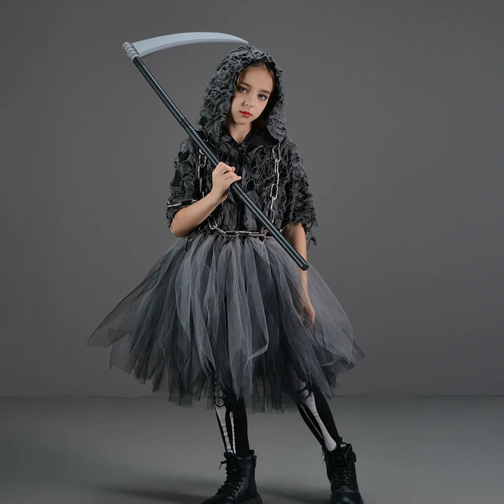Halloween Grim Dresses Horror Death Cosplay Black Cloak Costume kids Girls Party Clothes Halloween Dress Demon Ghosts Costume