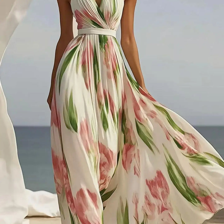 Summer Women's V-neck Fashionable Printed  Style Long Suspender Dress Elegant Long Dress