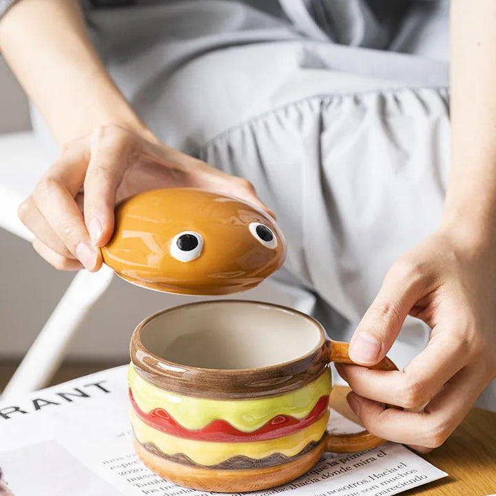 300ML Coffee Mugs Creative Hamburger Shaped Water Cup with Lid Cute and Cute Breakfast Cup Large Capacity Ceramic Hamburger Mug
